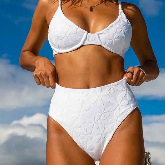 Kenny Flowers The Santorini White Floral Jacquard High Waist Bikini Bottom - Picture 3 of 6